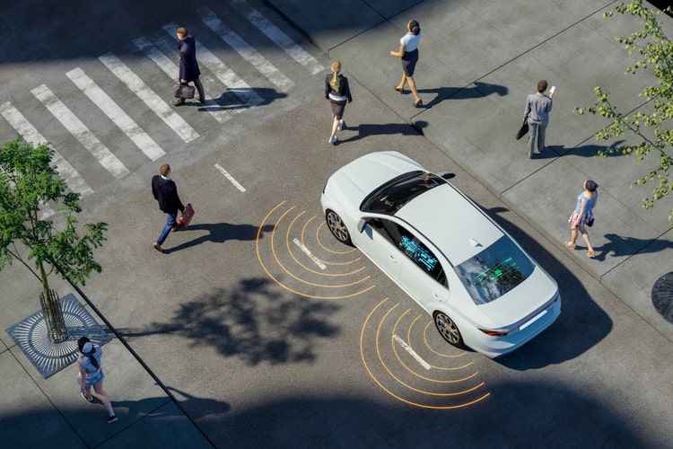 Modern car AI evaluating driving conditions and street elements. This is entirely 3D generated image. Vehicle is generic, custom made and not based on any real model or brand.