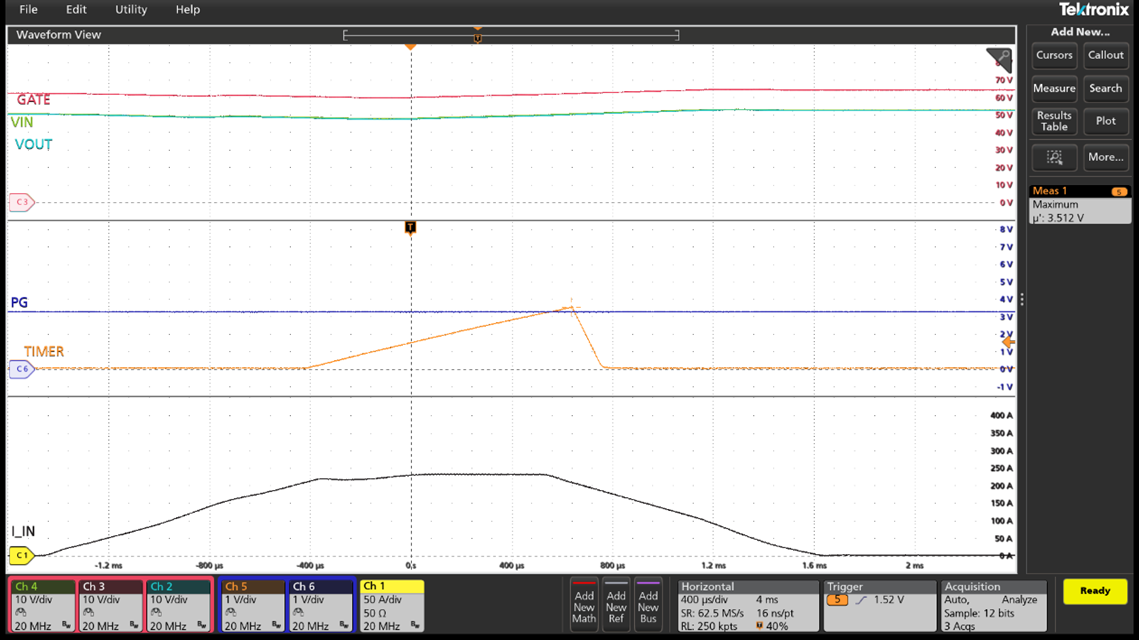 TIMER Starts Ramping when Current Reaches I<sub>OCP2</sub>=200A. The Current Drops below I<sub>OCP2</sub> before the TIMER Expires (V<sub>TIMER</sub><3.9V). (VIN=50V, R<sub>SNS</sub>=0.25mΩ, V<sub>OCP2</sub>=50mV, C<sub>TIMER</sub>=0.68nF, t<sub>OCP2</sub>=1.19ms)