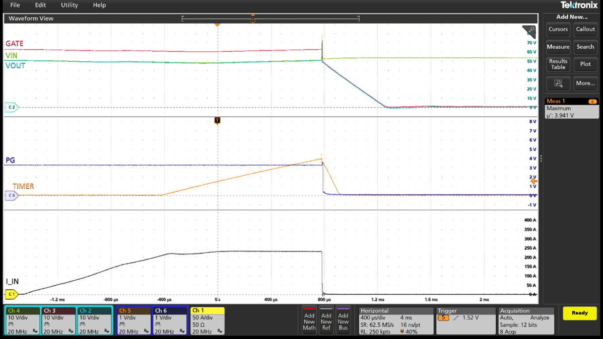 TIMER Starts Ramping when Current Reaches I<sub>OCP2</sub>=200A. The Current Does Not Drop below I<sub>OCP2</sub> before the TIMER Expires (V<sub>TIMER</sub><3.9V) and Faults. (VIN=50V, R<sub>SNS</sub>=0.25mΩ, V<sub>OCP2</sub>=50mV, C<sub>TIMER</sub>=0.68nF, t<sub>OCP2</sub>=1.19ms)