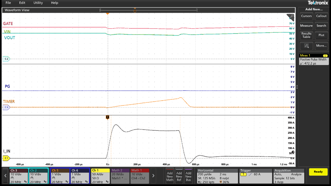 The Load Current Pulse above I<sub>OCP3</sub>=260A Lasts Less than the Blanking Time (t<sub>BLANK</sub>=0.5ms), the Pulse will Go Through without Tripping a Fault.
