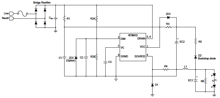 rt8413 phase cut dimmable high side buck led driver with highthe rt8413 integrates a power mosfet and a boundary mode controller the rt8413 supports phase cut dimmers, including leading edge (triac) and trailing edge